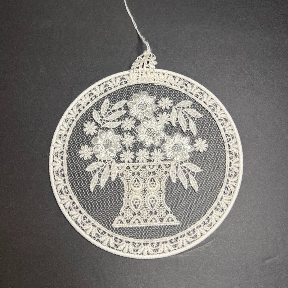 VTG Round White European Swiss Lace Embroidery Floral Folk Art Flowers in Pot 6"